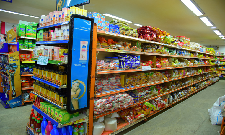 Colourful snacks aisle at Ganesh Super Market